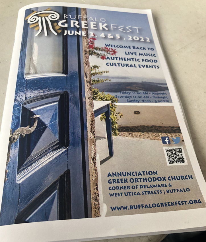 alt text: front page of the brochure reads 'Buffalo Greekfest June third, fourth, and fifth, twenty twenty two. Welcome back to live music, authentic food, cultural events.' 